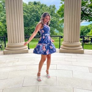 Chi chi London Floral Printed Tiered Skirt Mini Dress in Navy